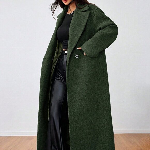 Army Green Casual Women's Lapel Long Coat - Picture 2 of 6